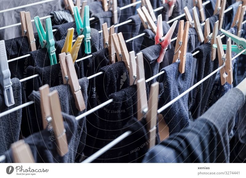 dunkle Strümpfe mit Wäscheklammern auf Wäscheständer Häusliches Leben Wohnung Wäscheleine Holz hängen frisch Sauberkeit grau schwarz trocknen Haushaltsführung