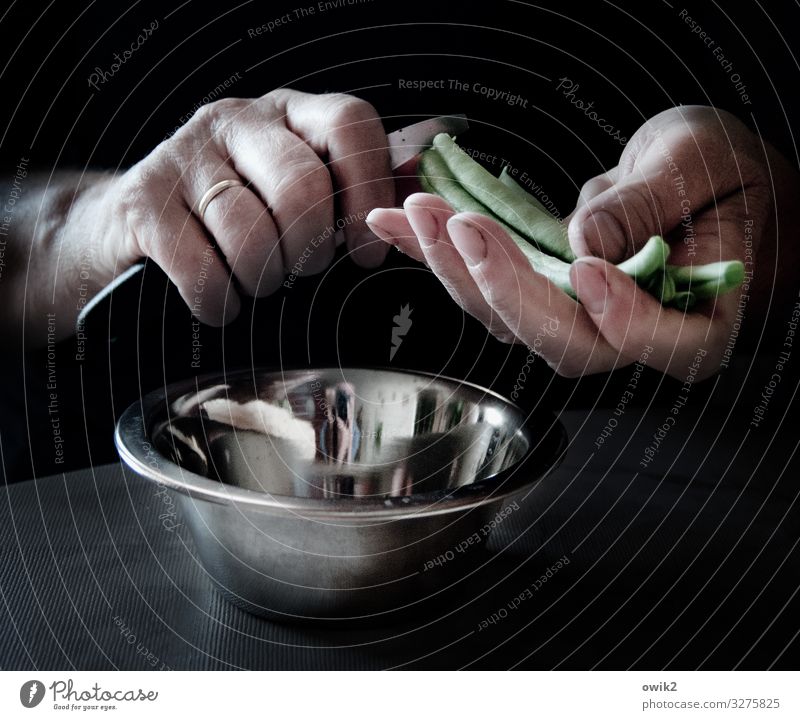 Eigene Ernte Hand Finger Bohnen Messer geschnitten Schalen & Schüsseln Metall Kunststoff Arbeit & Erwerbstätigkeit Lebensmittel Essen zubereiten Gemüse lecker