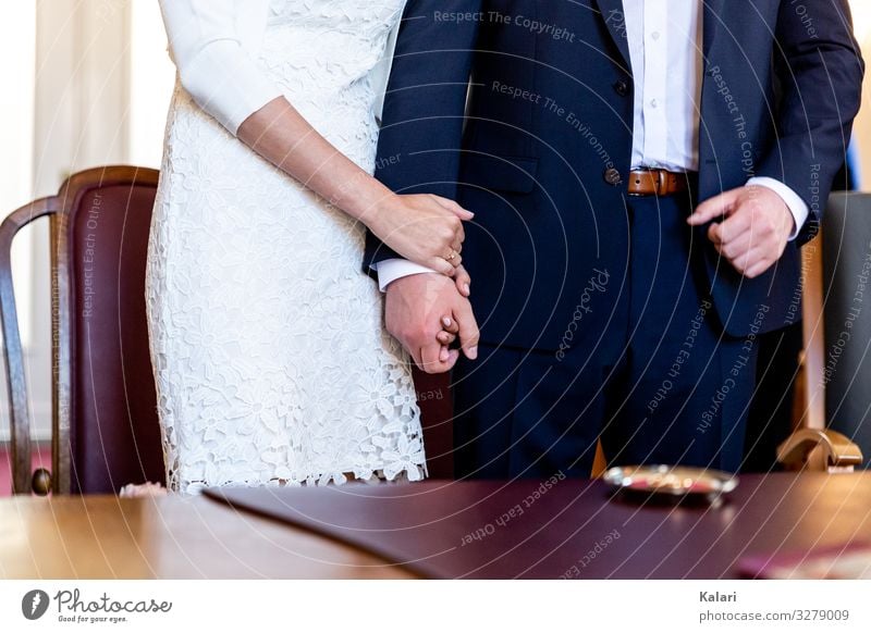 Brautpaar steht während der Trauung und hält sich an der Hand hochzeit hand halten aufstehen frau händchenhalten braut ehepaar trauung weiß liebe erfolg