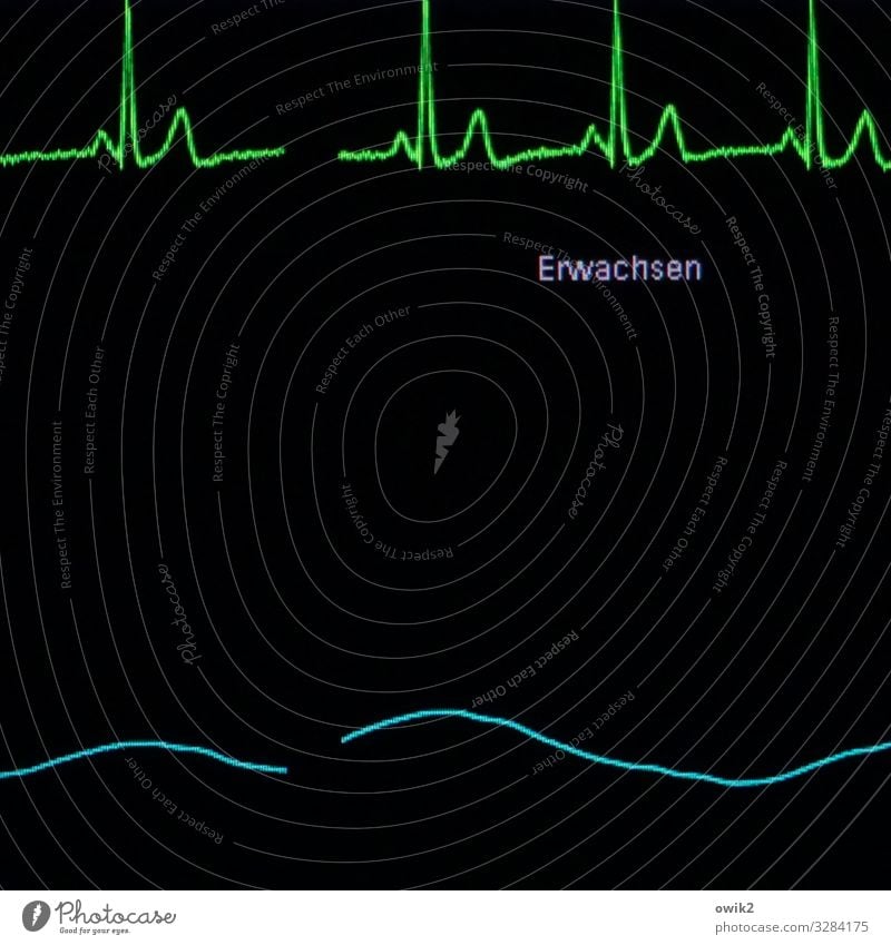Bildschirmschoner EKG Elektrokardiogramm Puls Frequenz Anzeige Herz-/Kreislauf-System Kurve Kunststoff Zeichen Schriftzeichen grün schwarz türkis