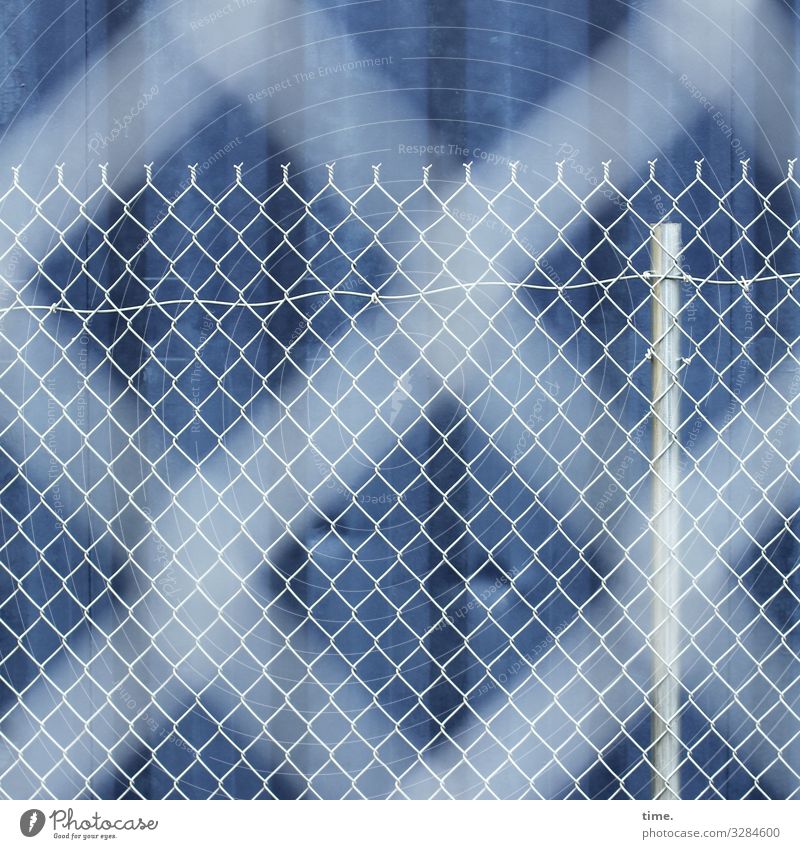 Geschichten vom Zaun (65) Container Zaunpfahl Linie Streifen Netzwerk dunkel blau weiß Sicherheit Schutz Wachsamkeit Ausdauer standhaft Ordnungsliebe Neugier