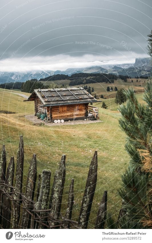 Alpe di Suisi - Seiser-Alm Natur Landschaft alt Zaun Hütte Alpen Seiser Alm Berge u. Gebirge Wolken Nebel Baum Idylle ruhig Wiese Holz Hüttenferien Italien