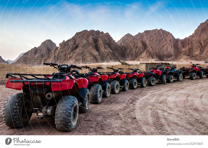 Serie von ATVs auf dem Hintergrund von Bergen in der Wüste Sommer Berge u. Gebirge Maschine Sand Himmel Felsen Verkehr Straße Stein blau rot Ägypten