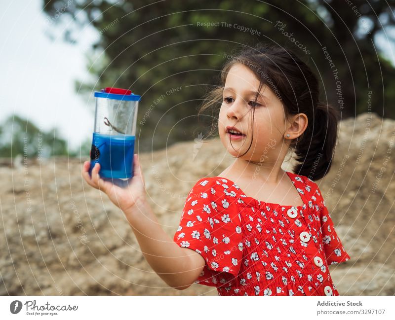 Mädchen untersucht Wanze im Glas Sommer untersuchen neugierig wenig Kind Natur fangen niedlich bezaubernd lieblich Insekt Container Landschaft Lifestyle ruhen