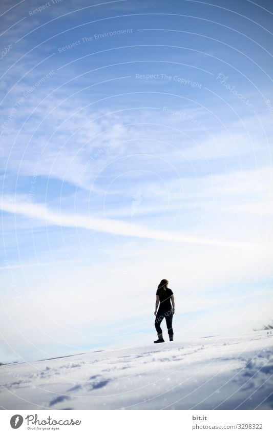 Sportliche, junge Frau in schwarzer Kleidung steht ärmellos, auf einem Berg im Schnee im Winter und schaut in den blauen Himmel. Rückansicht einer Wanderin, Bergsteigerin, welche Spuren im Schnee hinterlassen hat um die Aussicht runter ins Tal zu genießen.