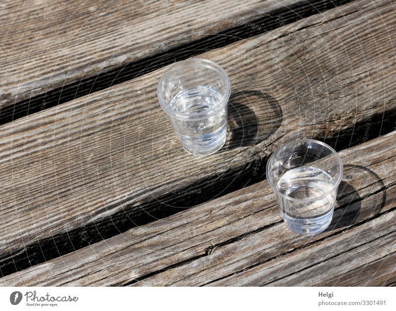 zwei Plastikbecher mit Schnaps stehen auf einem Holztisch Getränk Alkohol Spirituosen Glas trinken warten authentisch einfach klein lecker braun grau