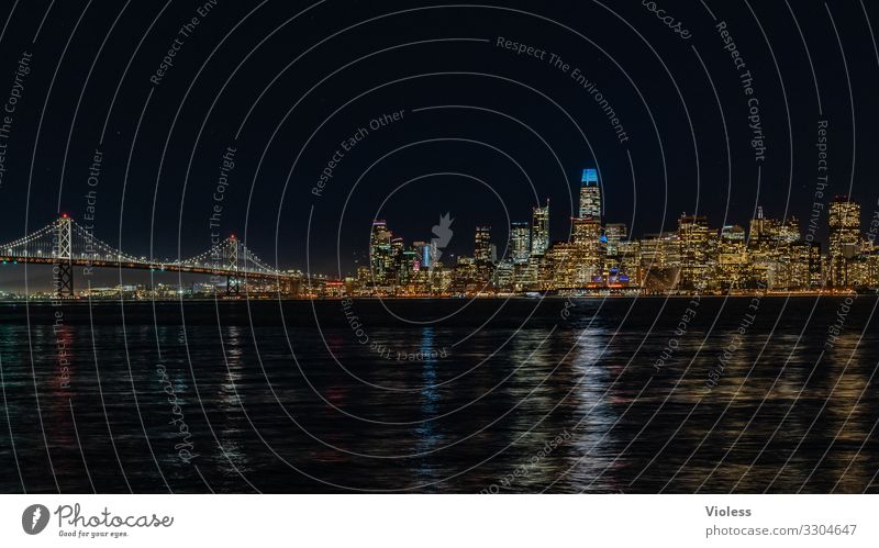 San Francisco Skyline Hochhaus Brücke Architektur Sehenswürdigkeit entdecken Ferien & Urlaub & Reisen dunkel Lichterscheinung Nachtaufnahme Beleuchtung