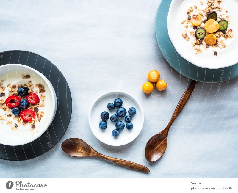 Gesundes Frühstück mit Joghurt, Müsli und Früchten Lebensmittel Frucht Getreide Haferflocken Himbeeren Blaubeeren Ernährung Diät Teller Schalen & Schüsseln