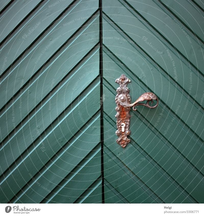grüne Holztür mit diagonalem Muster und Türgriff aus Metall Griff Schloss alt authentisch außergewöhnlich elegant einzigartig braun türkis Sicherheit Schutz