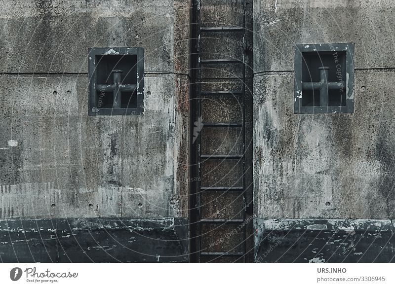 Kaimauer mit Leiter und Festmacherschacht Menschenleer Hafen Mauer Anlegestelle Binnenschifffahrt Stein Metall braun grau grün schwarz Symmetrie fenster beton