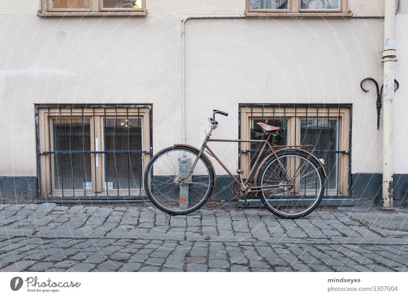 Beiges Fahrrad lehnt an Hauswand Stil Freizeit & Hobby Fahrradfahren Tourismus Städtereise Winter Stockholm Altstadt Menschenleer Fassade Fenster