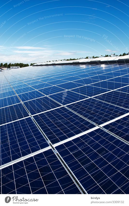Photovoltaikanlage auf einem Industriedach. Ausbau erneuerbarer Energien. Solarförderung, Eigeninitiative Energiewirtschaft Unternehmen Solarenergie Dach