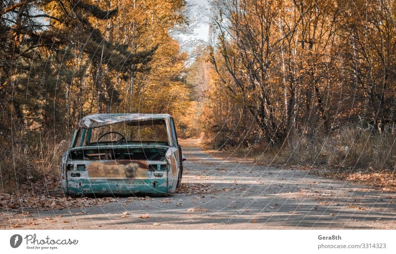 Straße mit einem kaputten Auto in Tschernobyl Ukraine Ferien & Urlaub & Reisen Tourismus Ausflug Pflanze Himmel Herbst Baum Blatt Verkehr PKW Rost alt
