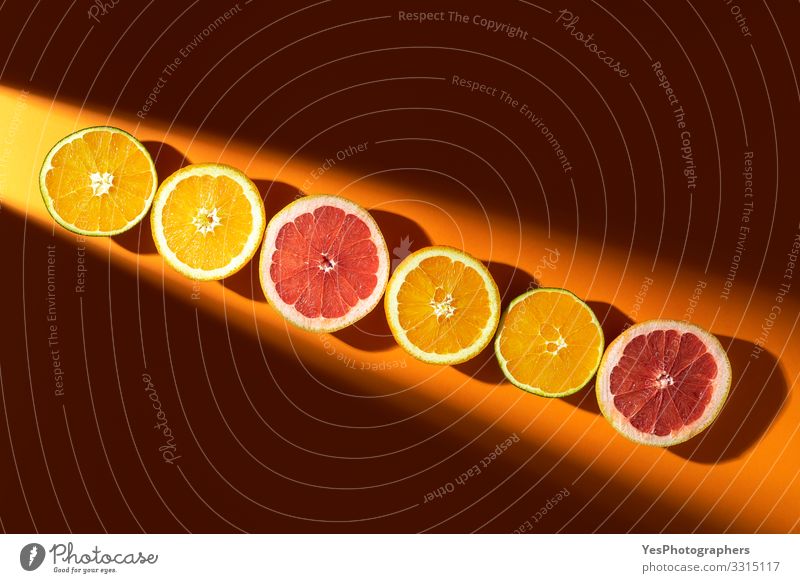 Geschnittene Zitrusfrüchte im Sonnenlicht. Orangen und Grapefruits Frucht Bioprodukte Gesunde Ernährung Sommerurlaub obere Ansicht farbenfroh halbieren