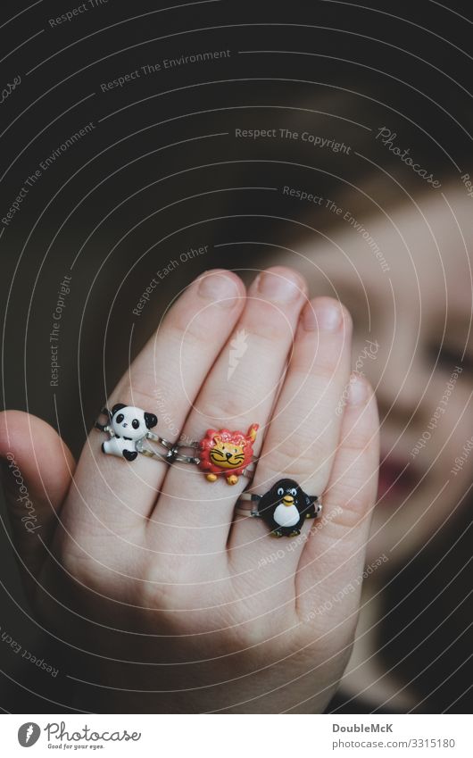 Mädchen zeigt stolz ihre drei Ringe an den Fingern Mensch feminin Kind Kindheit Kopf Hand 1 3-8 Jahre Tier Panda Löwe Pinguin Tiergruppe Metall tragen