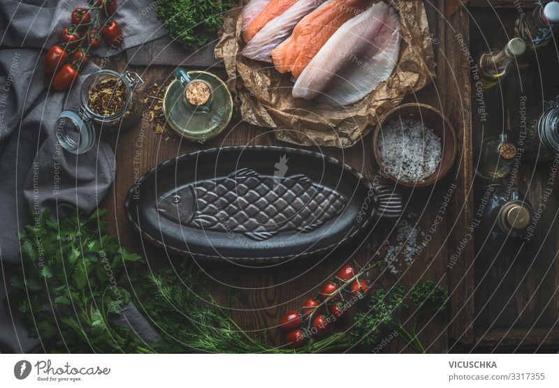 Fisch Gerichte zubereiten Lebensmittel Gemüse Kräuter & Gewürze Öl Ernährung Bioprodukte Vegetarische Ernährung Diät Geschirr Stil Gesunde Ernährung