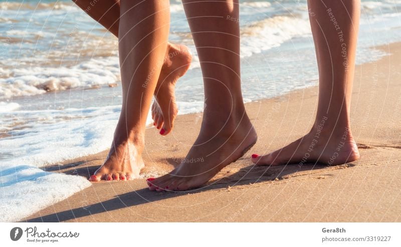 weibliche Füße auf einem Sandstrand der Meeresbrandung schön Körper Haut Erholung Ferien & Urlaub & Reisen Tourismus Sommer Strand Wellen feminin Frau