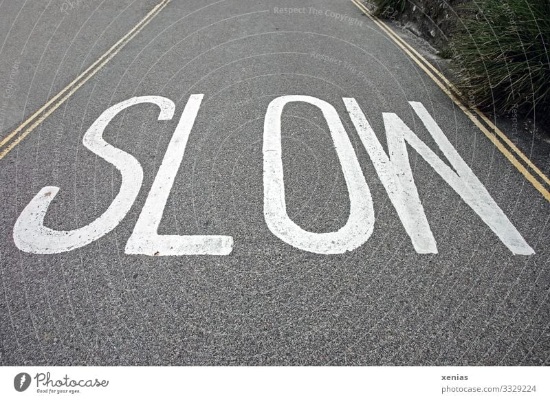 slow - weiße Schrift auf grauer Strasse Straße Asphalt England Verkehr Verkehrswege gelb langsam 30er Zone Gedeckte Farben Textfreiraum oben Textfreiraum unten