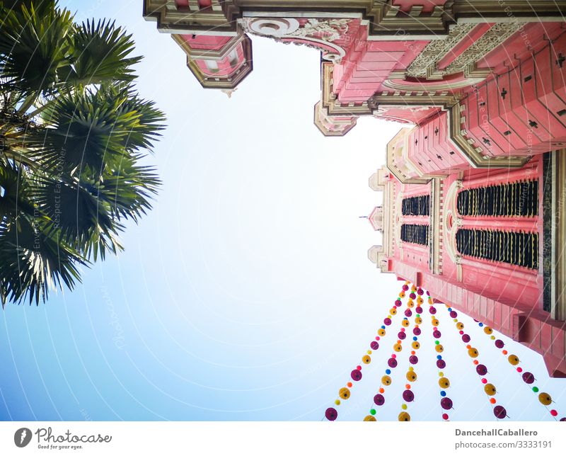 rosa Kirche mit Lampions und Palme mit Blick von unten katholisch Ho chi minh Stadt Ho-Chi-Minh-Stadt Saigon Kirchturm Religion & Glaube Vietnam Sommer