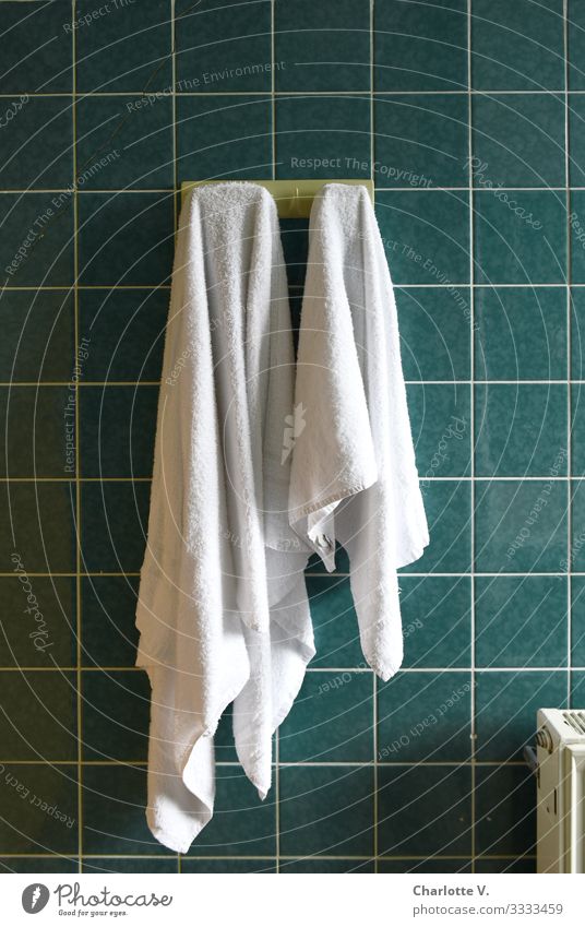 Ordnung | Zwei weiße Handtücher hängen an Haken an grünen Wandfließen. Lifestyle Körperpflege Häusliches Leben Wohnung Bad Fliesen u. Kacheln Linie Handtuch