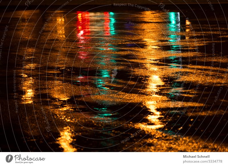 Regennass Wetter schlechtes Wetter Straße Ampel grün rot Farbfoto mehrfarbig Außenaufnahme Abend Reflexion & Spiegelung