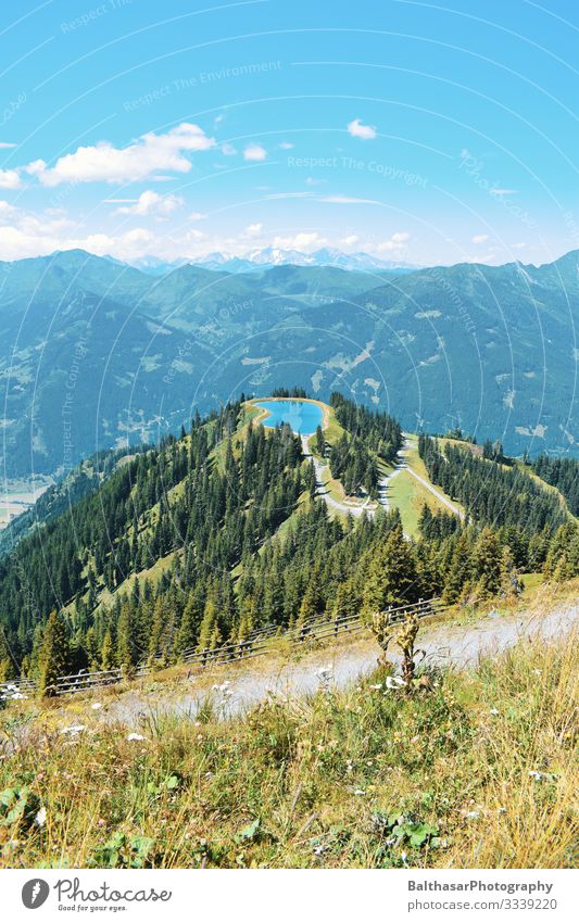 Bergpanorama mit See Österreich Berge u. Gebirge Panorama (Aussicht) Wald Himmel Blauer Himmel grün Wege & Pfade Horizont Blumen wandern Urlaub Urlaubsstimmung