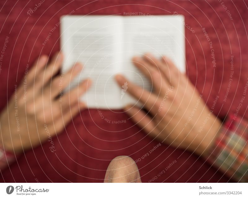 Lesen lesen Tisch lernen maskulin Mann Erwachsene Nase Hand 1 Mensch Papier rot Konzentration Buch Vogelperspektive selektiver Fokus Monochrom Tischwäsche
