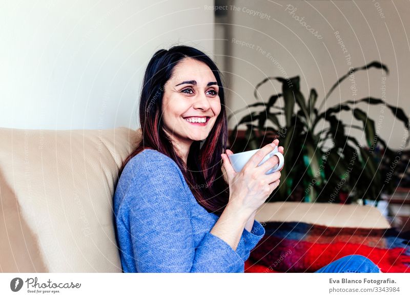 junge kaukasische Frau, die zum Frühstück zu Hause Kaffee oder Tee trinkt. Nahaufnahme Leben aussruhen Lifestyle Freizeit & Hobby Innenaufnahme Mensch sitzen
