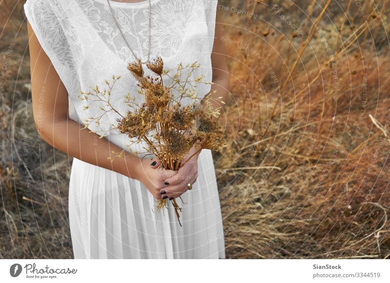 Junge Frau mit weißem Kleid, die einen Strauß Trockenblumen hält. Mensch Erwachsene 1 Natur Landschaft Blume Bekleidung genießen Farbfoto Außenaufnahme Morgen