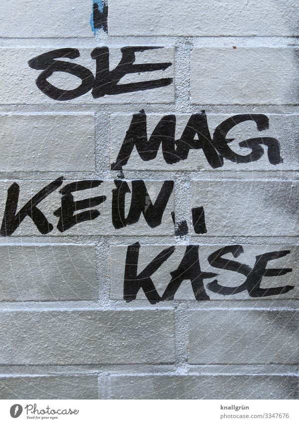 SIE MAG KEIN KÄSE Lebensmittel Käse Ernährung Mauer Wand Schriftzeichen Graffiti Kommunizieren einzigartig Stadt schwarz weiß Gefühle Appetit & Hunger Ekel
