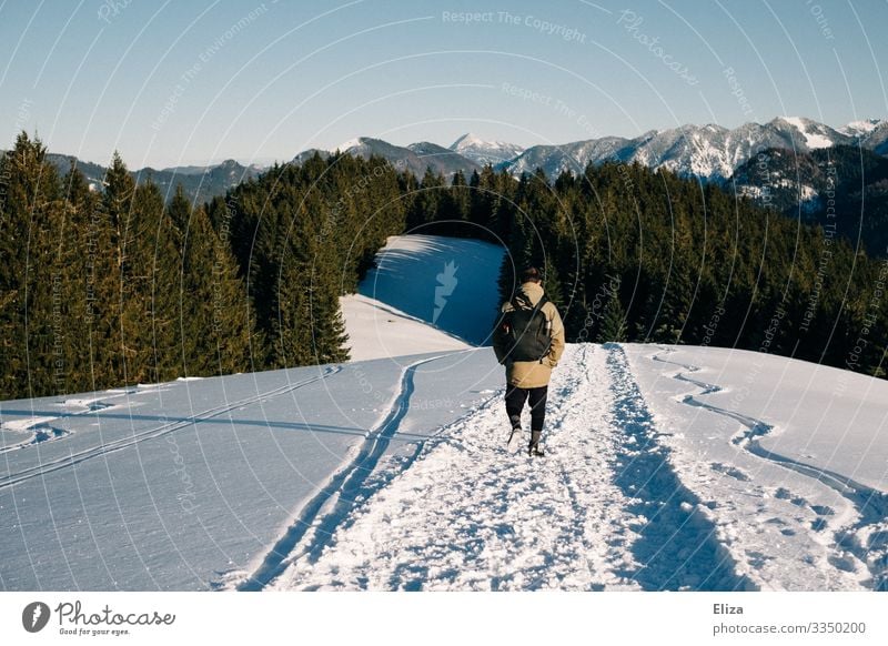 Ein Mann im Schnee auf einem Berg an einem sonnigen Tag mit Aussicht auf die Alpen. Wandern im Winter. Mensch maskulin Junger Mann Jugendliche Erwachsene