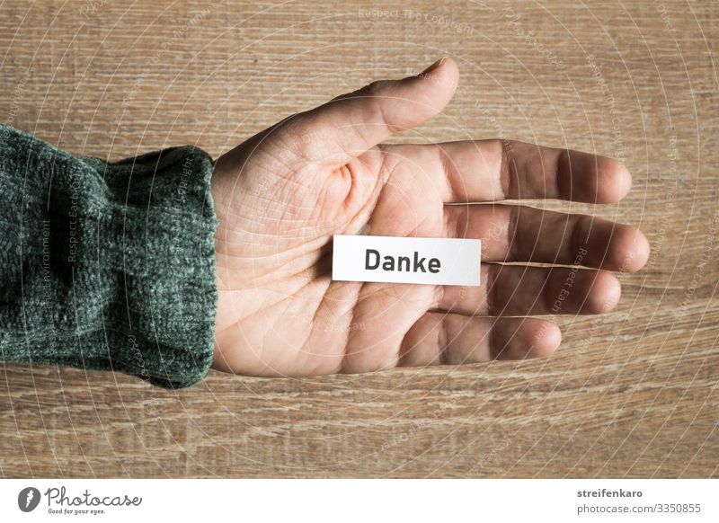 Zettel mit Schriftzug DANKE liegt in geöffneter Handfläche vor Holzhintergrund Erfolg sprechen Team Mensch Papier Schriftzeichen Kommunizieren Freundlichkeit
