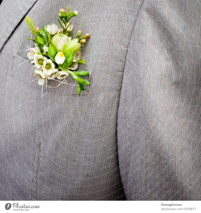 Bräutigam kaufen elegant Design Glück Feste & Feiern Hochzeit maskulin Partner Erwachsene Brust 1 Mensch 45-60 Jahre Hochzeitsanzug Anzug Jacke grau grün Blume