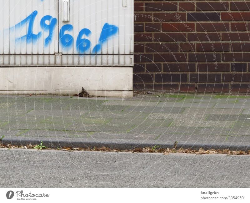 1966! Technik & Technologie Telekommunikation Verteiler Stadt Haus Mauer Wand Schriftzeichen Ziffern & Zahlen Graffiti Kommunizieren blau braun grau Bürgersteig