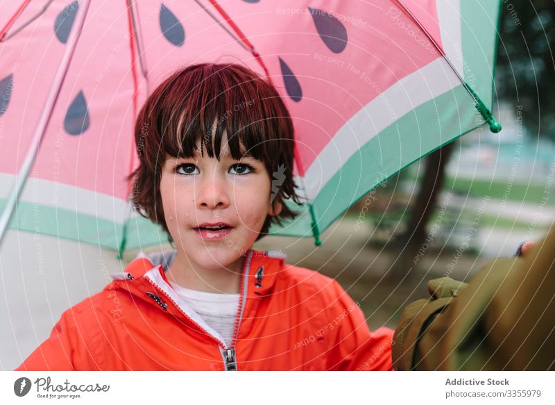 Süßes Kind mit buntem Regenschirm schaut in einer Parkgasse in die Kamera Saison lustig Gasse Wasser nass Schmutz Kindheit Schlamm Herbst Spiel aktiv Wetter
