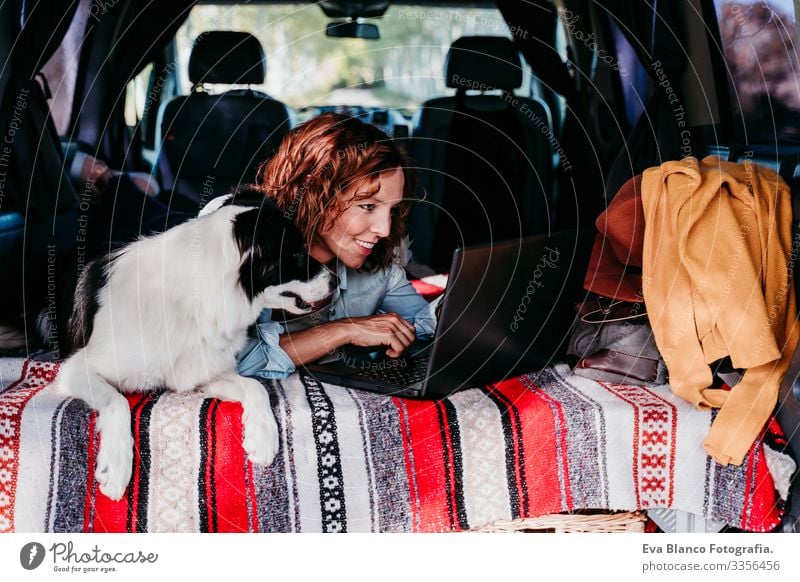 Frau und Border-Collie-Hund in einem Lieferwagen. Frau arbeitet am Laptop. Reisekonzept Border Collie Kleintransporter Van Leben Ferien & Urlaub & Reisen
