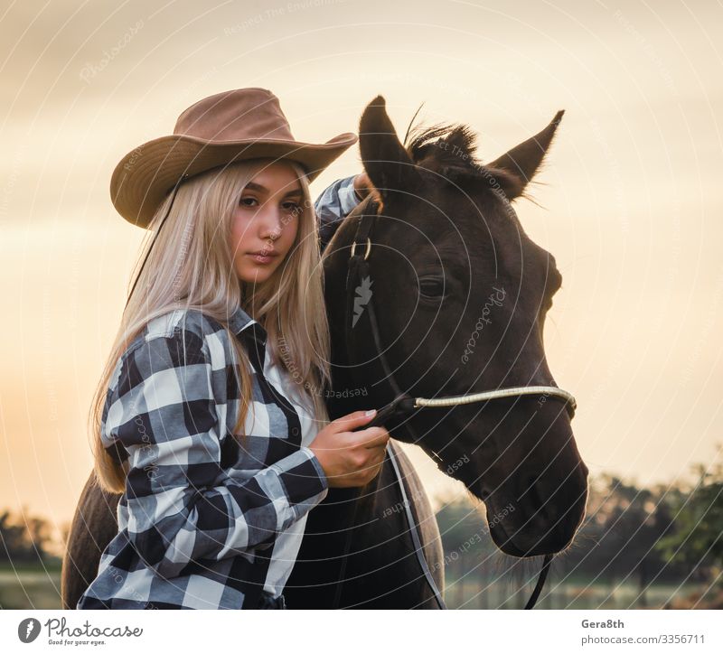 junges Mädchen mit Cowboyhut und Pferd bei Sonnenuntergang Stil Gesicht Sommer Mensch Frau Erwachsene Hand Natur Pflanze Tier Himmel Gras Wiese Dorf Bekleidung