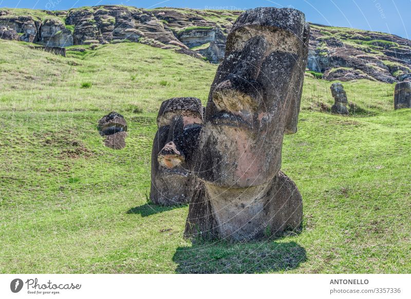 Ein Paar unterirdischer Moai auf dem erloschenen Vulkan Rano Raraku Ferien & Urlaub & Reisen Tourismus Abenteuer Sommer Kopf Gesicht Kunst Kunstwerk Skulptur