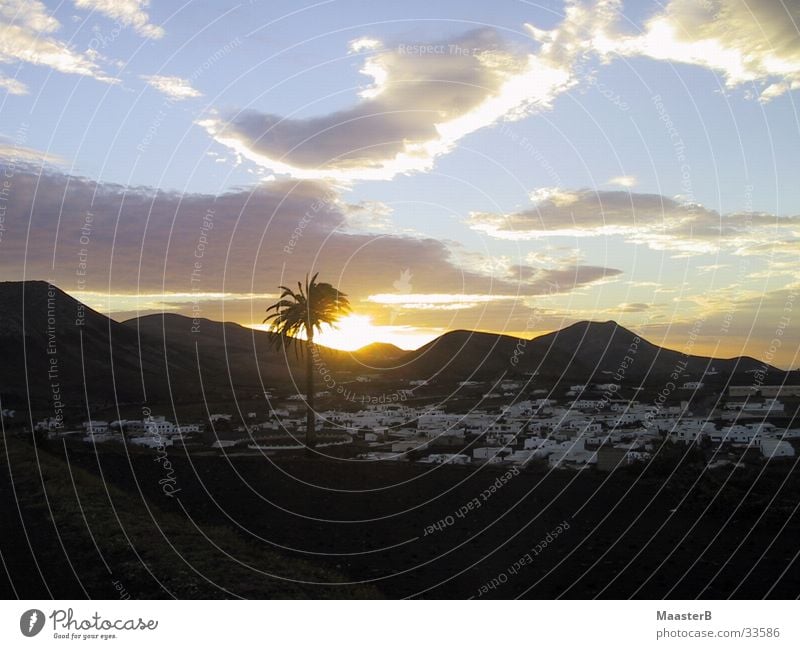 Oase Lanzarote Palme Sonnenuntergang Wolken Licht Dorf Kanaren Europa Berge u. Gebirge Wüste