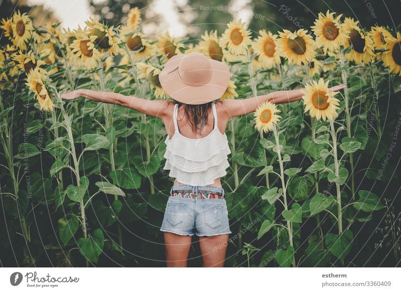 Rückenansicht einer jungen Frau im Sonnenblumenfeld Lifestyle Freude schön Wellness Leben Ferien & Urlaub & Reisen Freiheit Sommer Mensch feminin Junge Frau