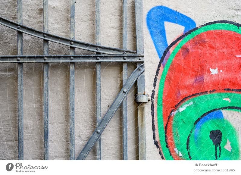Graffiti einer Katze neben Hauseingang Tor Häusliches Leben Subkultur Stadtzentrum Mauer Wand Tür Stein Metall niedlich Gefühle Lebensfreude Hinterhof Farbfoto