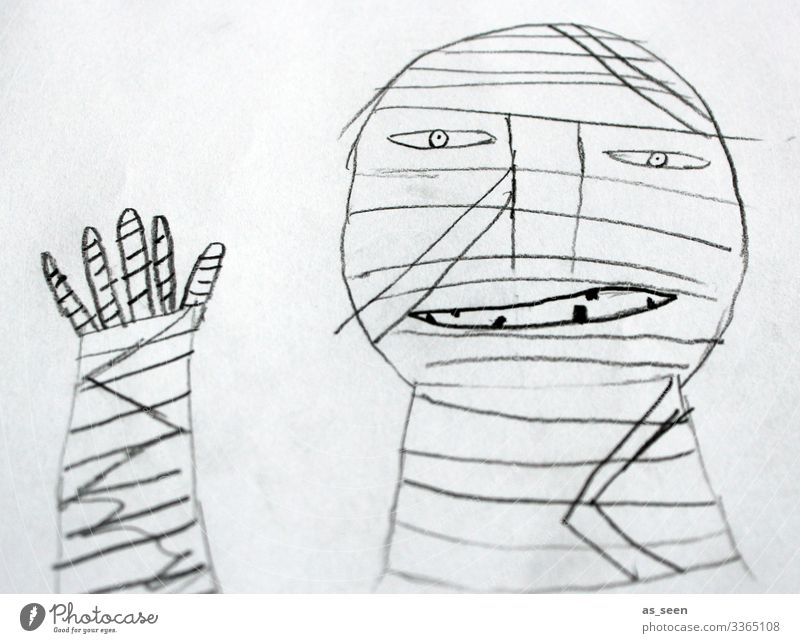 Mumie mumie Zeichnung winken Verband außergewöhnlich Mensch Gesicht Mullbinde Finger Lächeln lächelnd grinsen Tod Geister u. Gespenster böse geheimnisvoll Angst