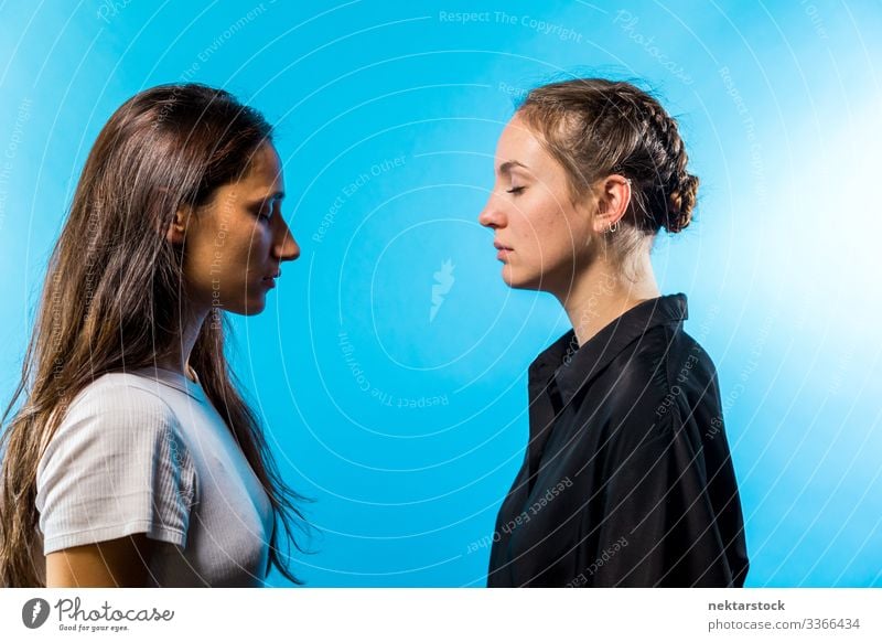 Profil von zwei Frauen, die einander mit geschlossenen Augen gegenüberstehen Angesicht zu Angesicht Augen geschlossen Mädchen junger Erwachsener