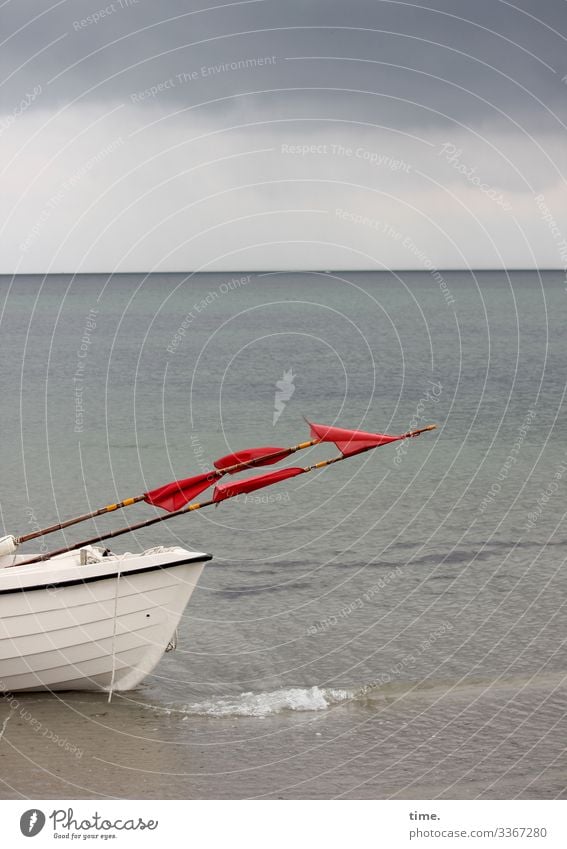 rechtzeitig zurück Horizont Boot Fischerboot Flaggen Meer Himmel Gewitterwolke Cloud Wasser nass maritim Fischen rot weiß grau Wellen Strand Fahnenmast Küste