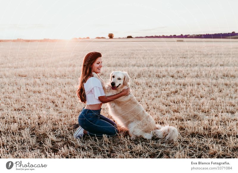 junge Frau in einem gelben Feld mit ihrem Golden Retriever-Hund bei Sonnenuntergang. Haustiere im Freien Landschaft laufen Lifestyle rosa Glück Training