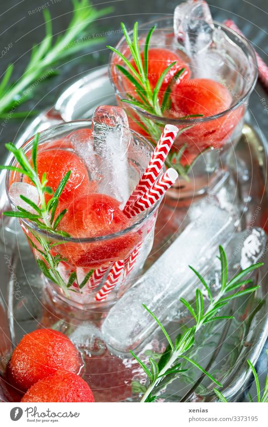 Zwei Gläser kühles Erfrischungsgetränk mit Wassermelone, Rosmarin und Eissticks auf silbernen Tablett Frucht Getränk Trinkwasser Glas Trinkhalm Häusliches Leben