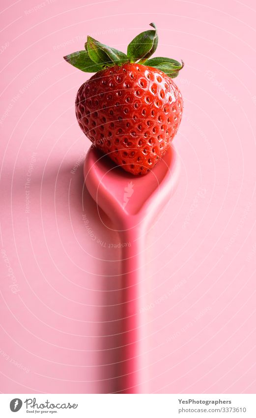 Eine einzelne Erdbeere auf einem Löffel. Reife Erdbeere auf rosa Lebensmittel Frucht Dessert Bioprodukte frisch farbenfroh süße Frucht Diätnahrung frisches Obst