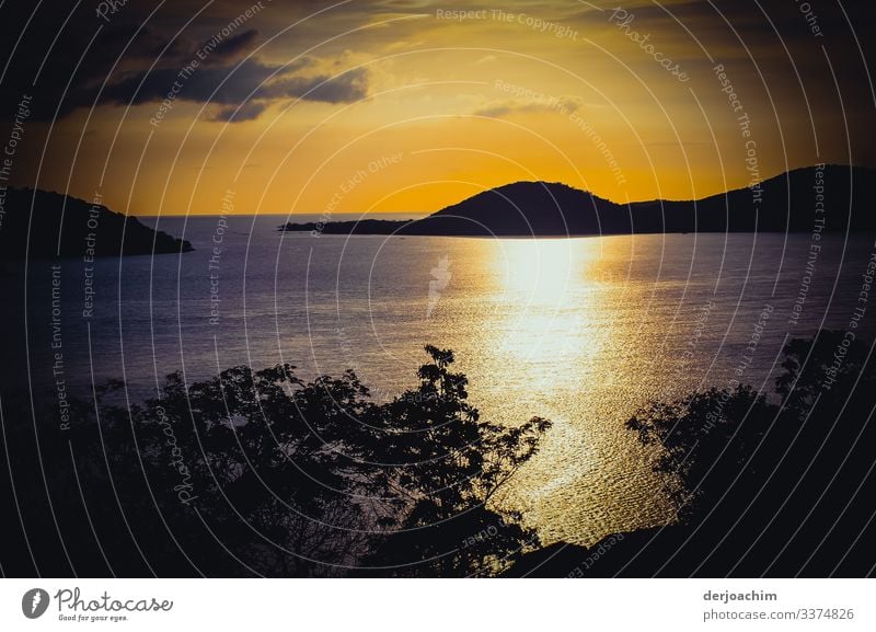 Sonnenuntergang auf Thursday Island. Im Goldenen Schein, das Wasser glänzt. Vorne eine Baumgruppe und hinten ein kleine Insel mit Durchfahrt zum Meer. Freude