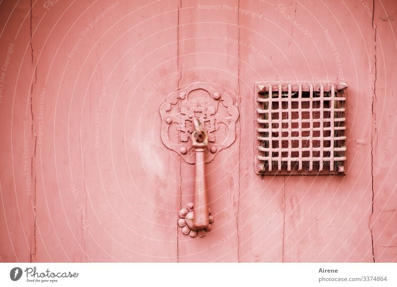 rosa Tür mit Türklopfer und Metallgitter vor quadratischem Guckloch Monochrom alt Gitter Gitterrost metallgitter verbarrikadiert geschlossen unnahbar klopfen