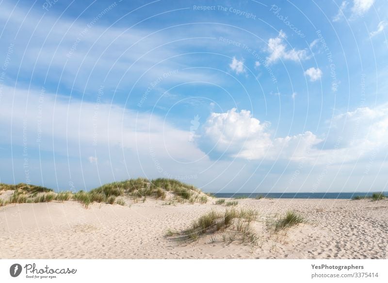 Weiße Sandstrandlandschaft an einem Sommertag auf Sylt Erholung Schönes Wetter Küste Nordsee blau Friesische Insel Deutscher Strand Deutschland